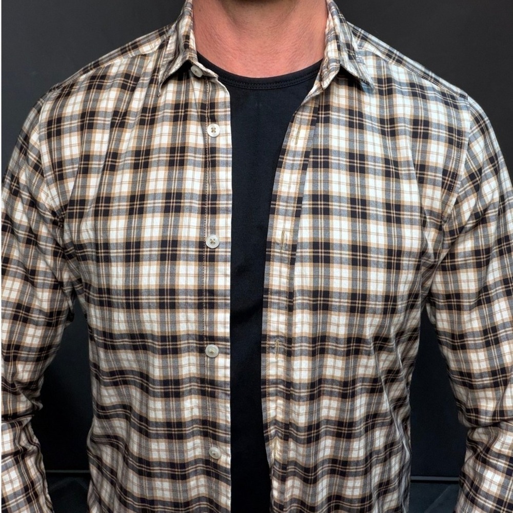 HUGO BOSS Regular Fit Stretch Plaid Shirt XS Beige Black Long Sleeve‎